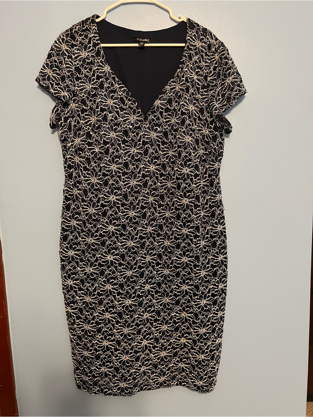 Roz & Ali navy blue Dress with silver Floral Lace Overlay